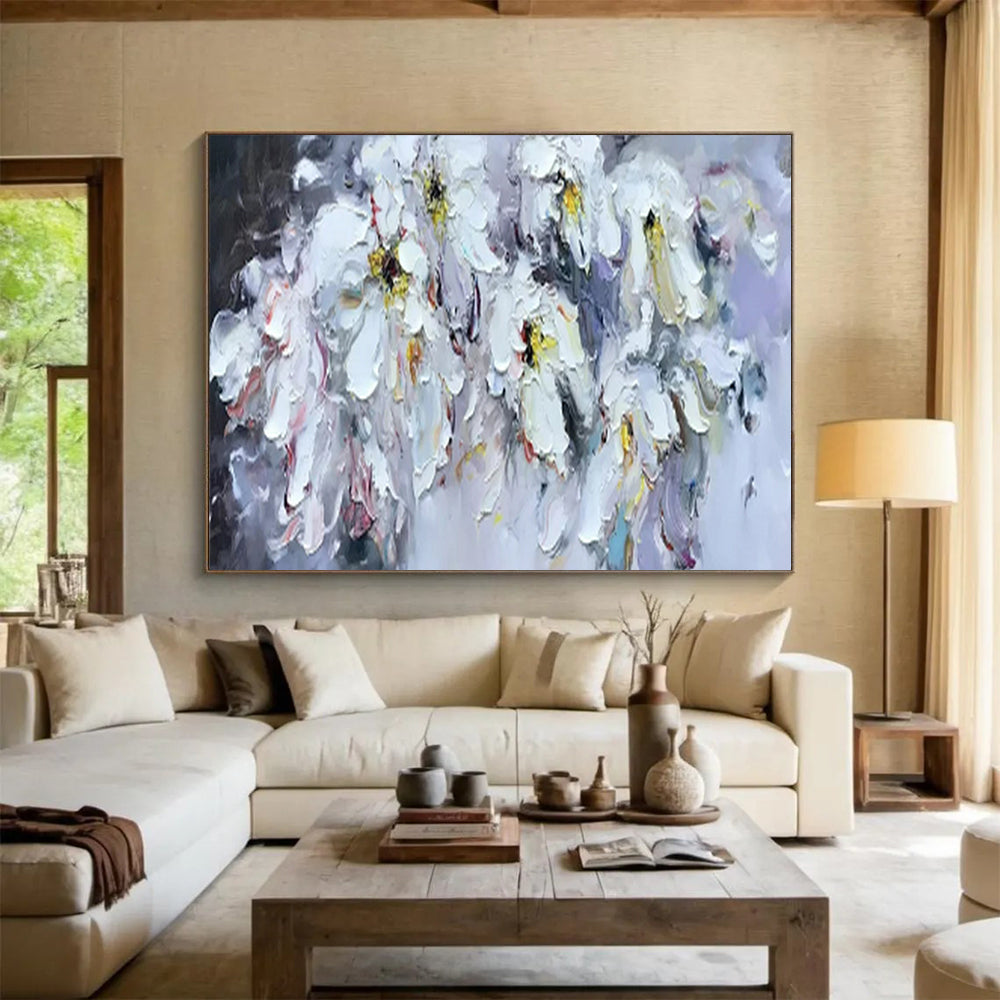 “White Flowers with Colorful Accents” – Impasto Floral Oil Painting CT1763