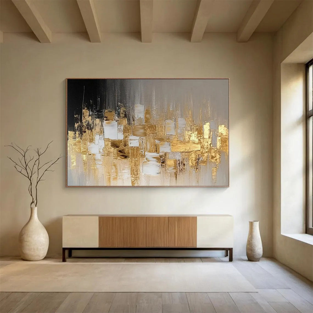 “Gilded Urban Silhouette” - Black, gray, gold; abstract squares and lines form a city - like shape CT1555