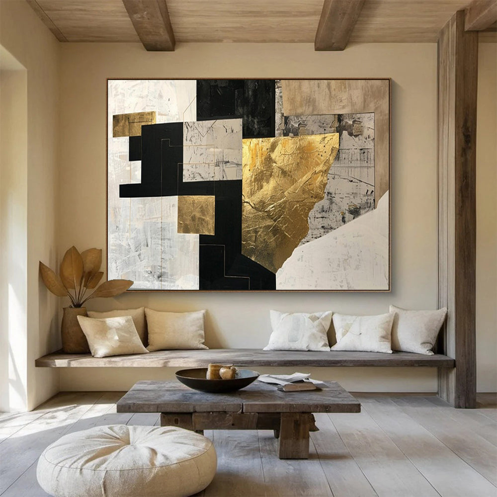 “Geometric Gold & Black Fusion” – Abstract Geometric Acrylic Painting CT1709