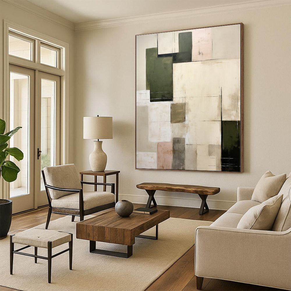 “Green - Neutral Block Composition” - Abstract Minimalist Painting CT0395