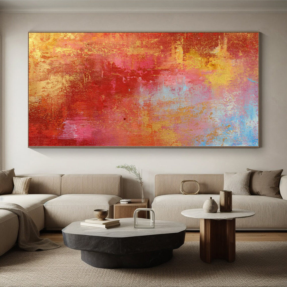 “Crimson Gold Fiesta” - Abstract Art with Red, Gold, Yellow, Blue CT0022