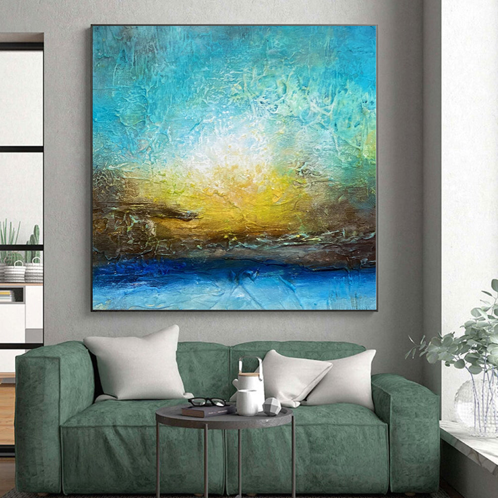 “Sunrise Textures” - Abstract Painting with Blue, Teal, Yellow, Brown CT0046