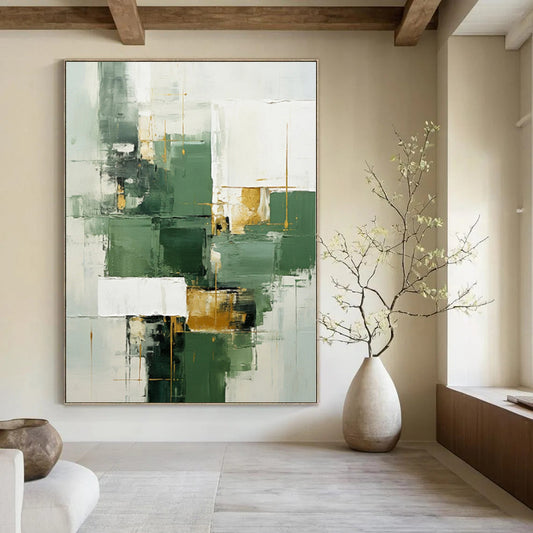 “Green - Gold Geometric Abstract” Modernist Acrylic Art CT0199