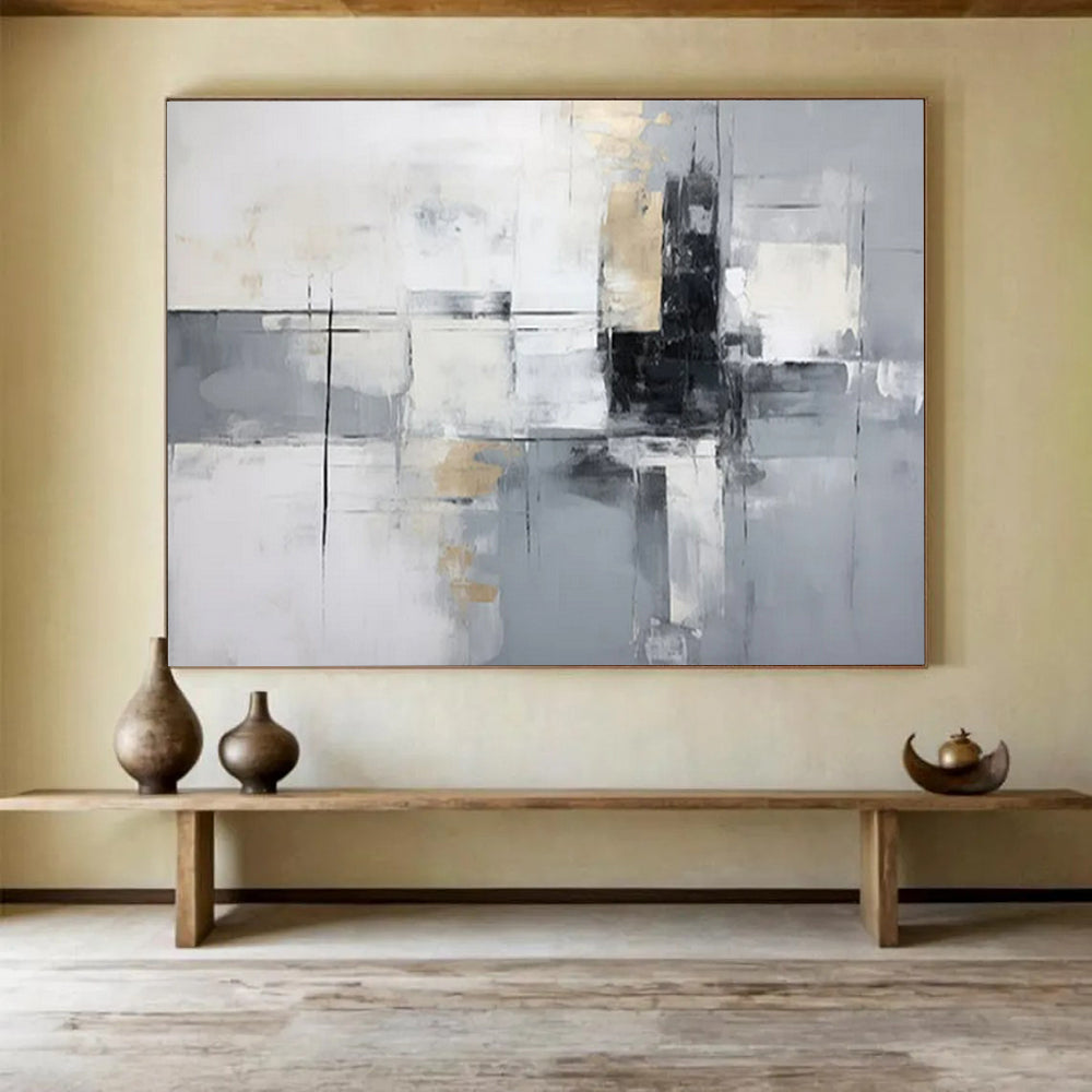 “Gray - Gold Grid” - White, gray, gold; intersecting lines and blocks with gold accents CT1574