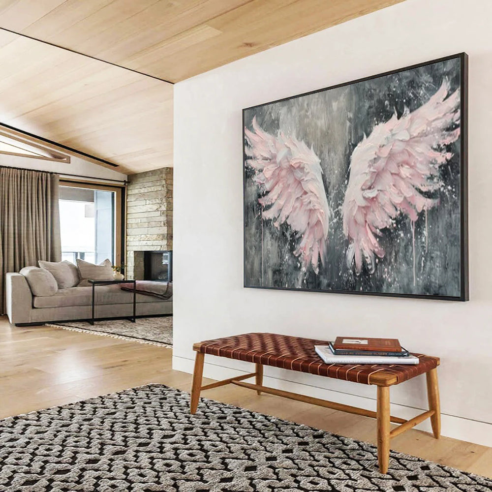 “Textured Pink Wings” - Pinks, grays; thick, sculptural pink wings against a dark background CT1618