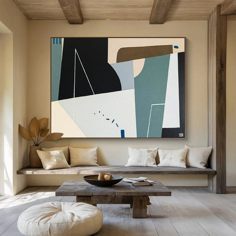 “Geometric Harmony in Neutrals and Blues” - Abstract Geometric Acrylic Painting CT1805