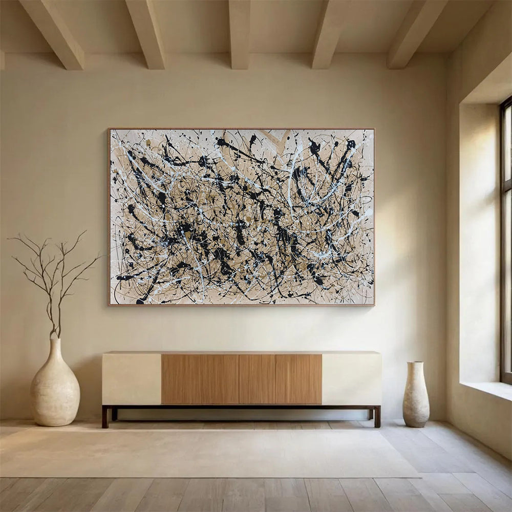 “Beige - Black Dripping Chaos” - Beige, black, white; chaotic drips & splatters CT1588