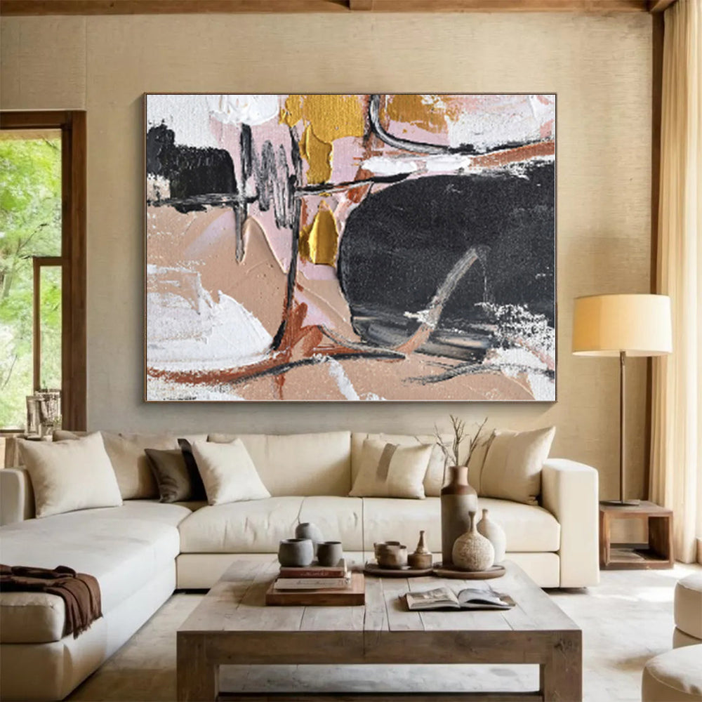 “Pink - Gold Abstract Textures”,Abstract Impasto Acrylic Painting CT0560