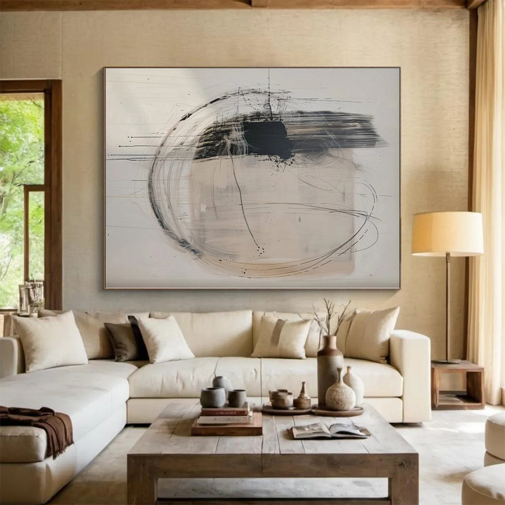 “Beige - Black Dynamic Circles” Abstract Acrylic Art CT0273