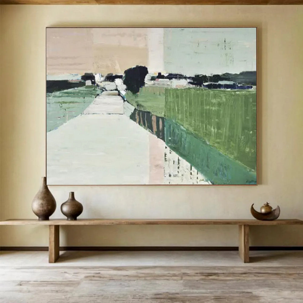 “Abstract Countryside Path” - Blocks of green, beige, and gray; abstract forms suggesting a path through the countryside CT1540