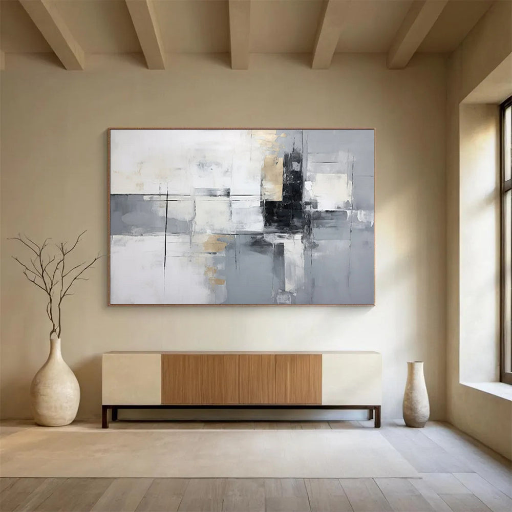 “Gray - Gold Grid” - White, gray, gold; intersecting lines and blocks with gold accents CT1574