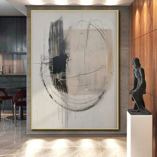 “Beige - Black Dynamic Circles” Abstract Acrylic Art CT0273