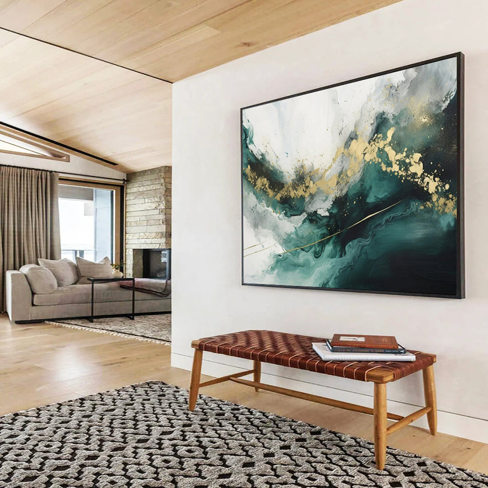 “Teal - Gold Fluid Waves” - Teals, greens, golds; flowing, marble - like abstraction CT1616