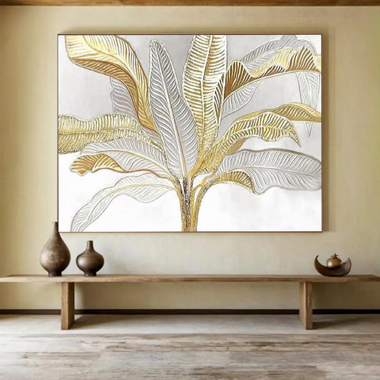 “Gilded Tropical Leaves” - Gold, silver, white; painted leaves with a metallic look CT1560