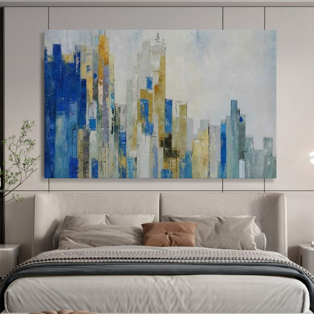 Abstract cityscape with blue, gold, and gray tones CT1659