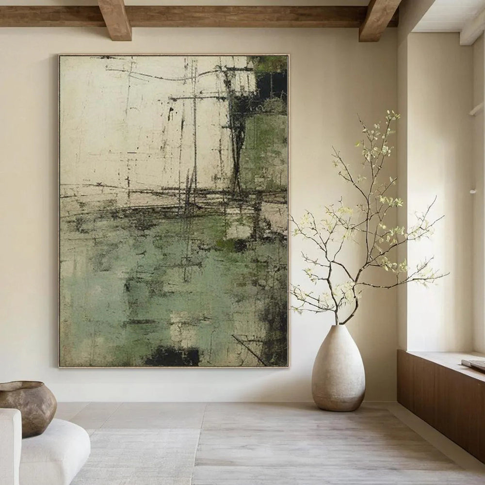 “Green - Black - Beige Textured Abstract” Mixed - Media Art CT0160