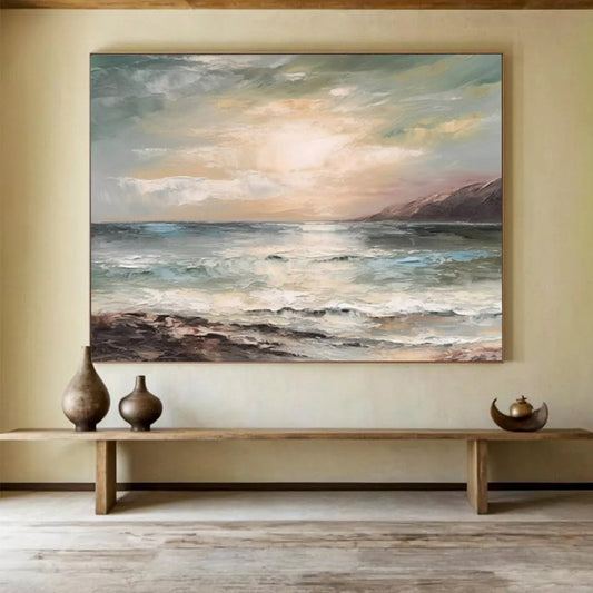 “Sunset Ocean View” - Hues of blue, green, beige, and warm sunset tones; a soft, painterly ocean under a glowing sky CT1546