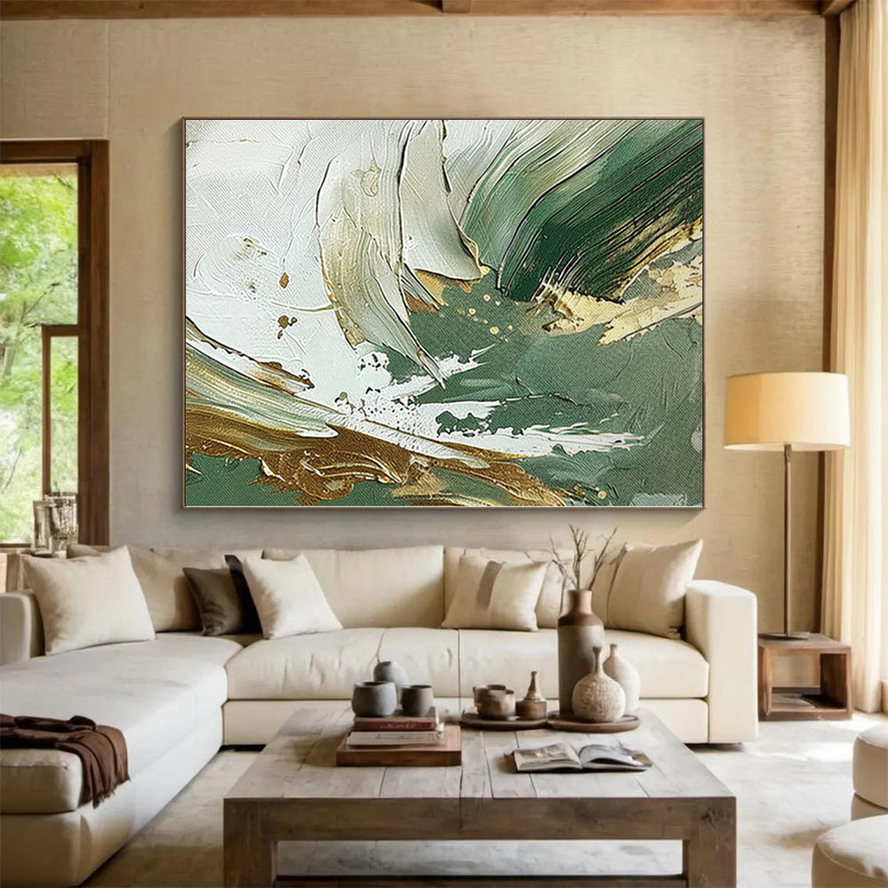 “Emerald & Gold Fusion” - Abstract Art with Green, Gold, White CT0088