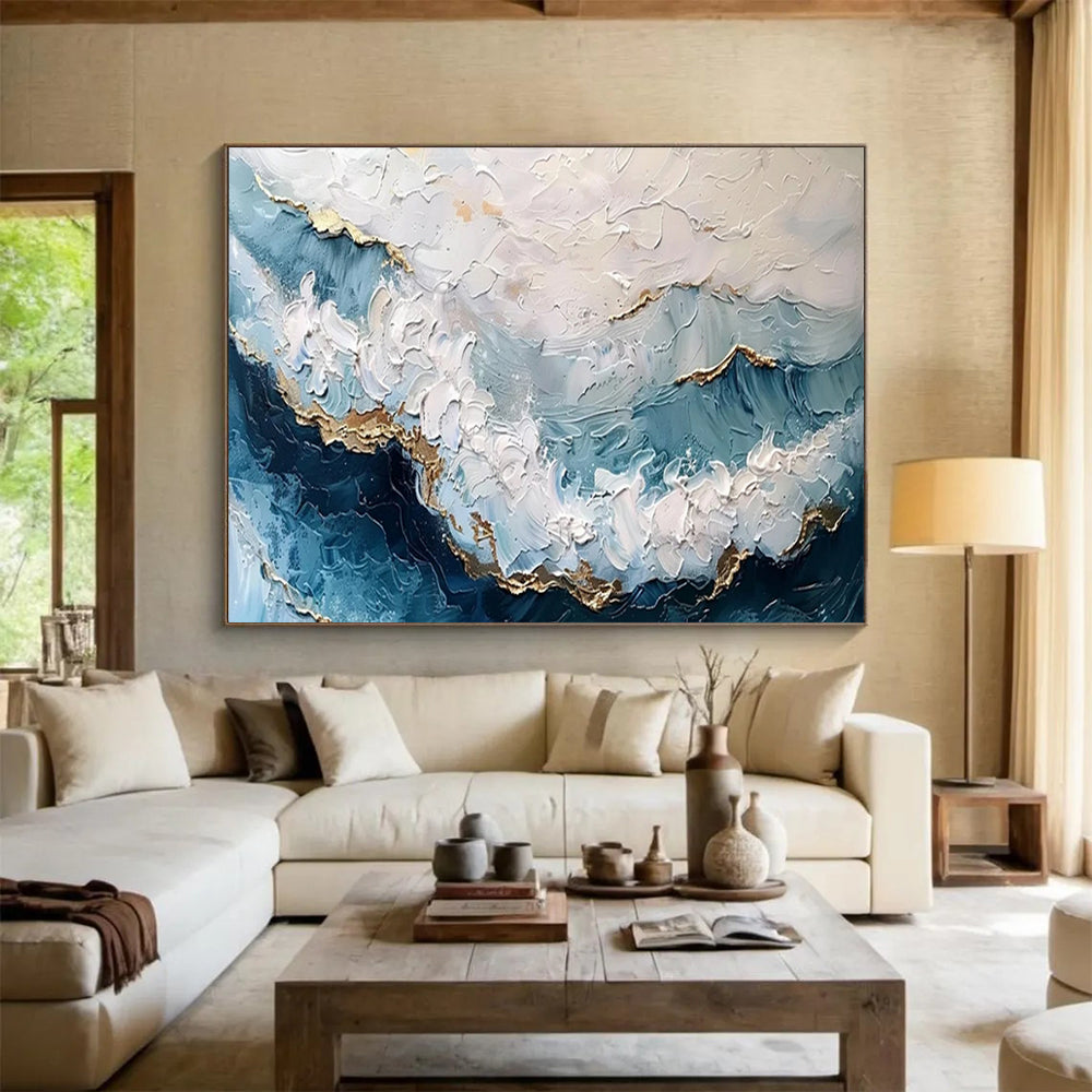 “Textured Ocean Gold” - Blues, whites, golds; thick, impasto ocean waves with metallic accents CT1604