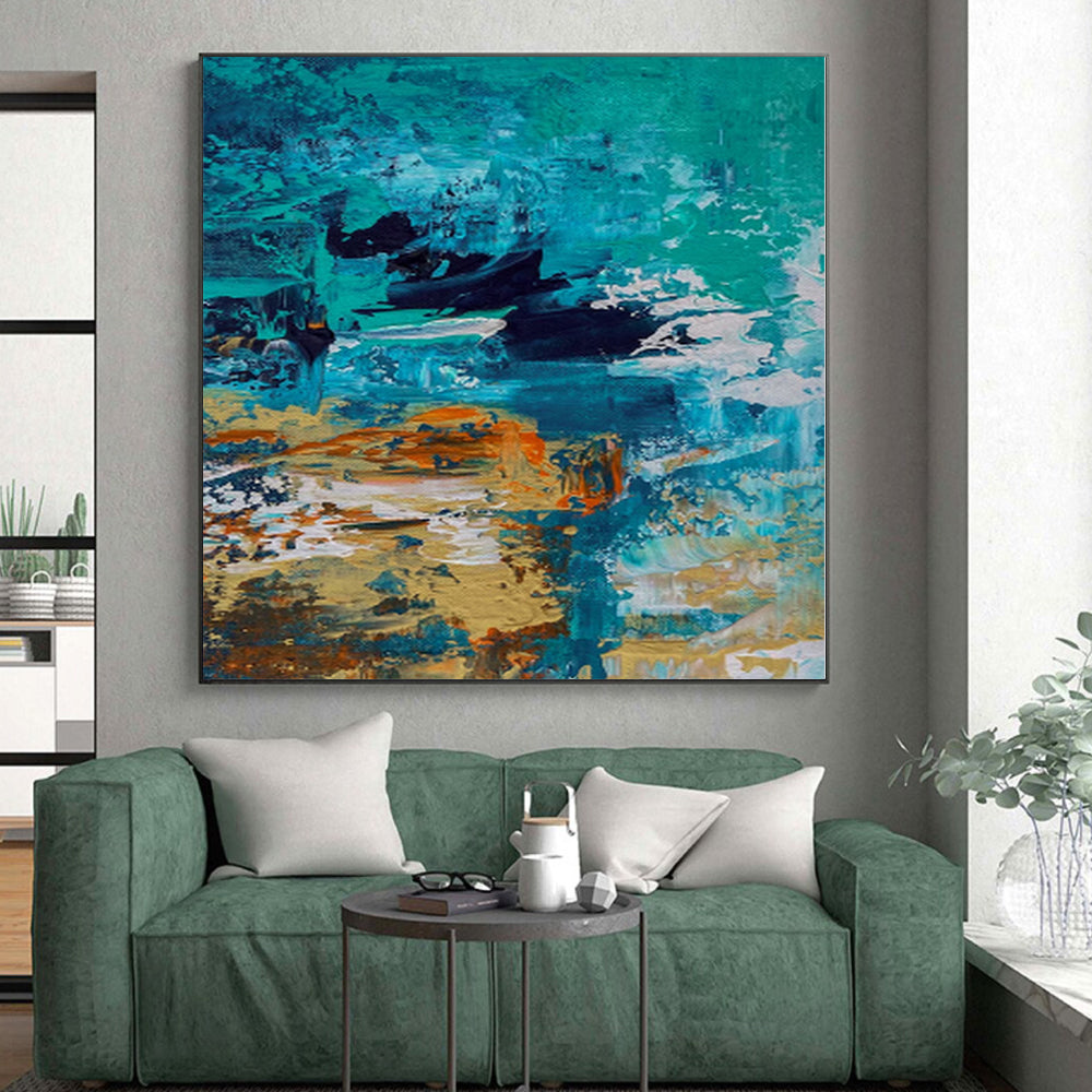 “Ocean Depths” - Abstract Painting with Teal, Blue, Black, Orange, White CT0036