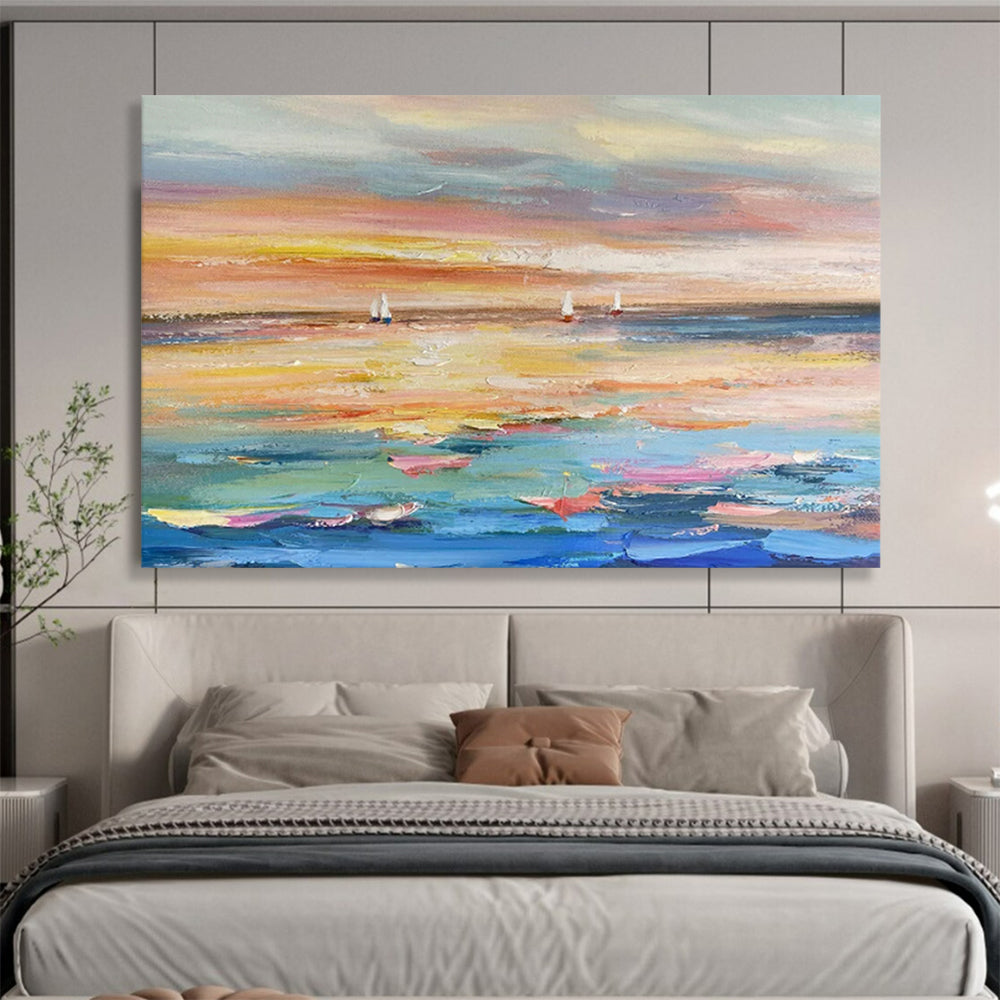 “Sailboats in Sunset Hues” – Impressionistic Seascape Oil Painting CT1745
