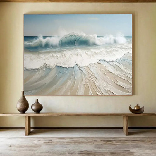 “3D Sea Wave” - Shades of blue, white, beige; thick - textured, three - dimensional wave crashing on the shore CT1545