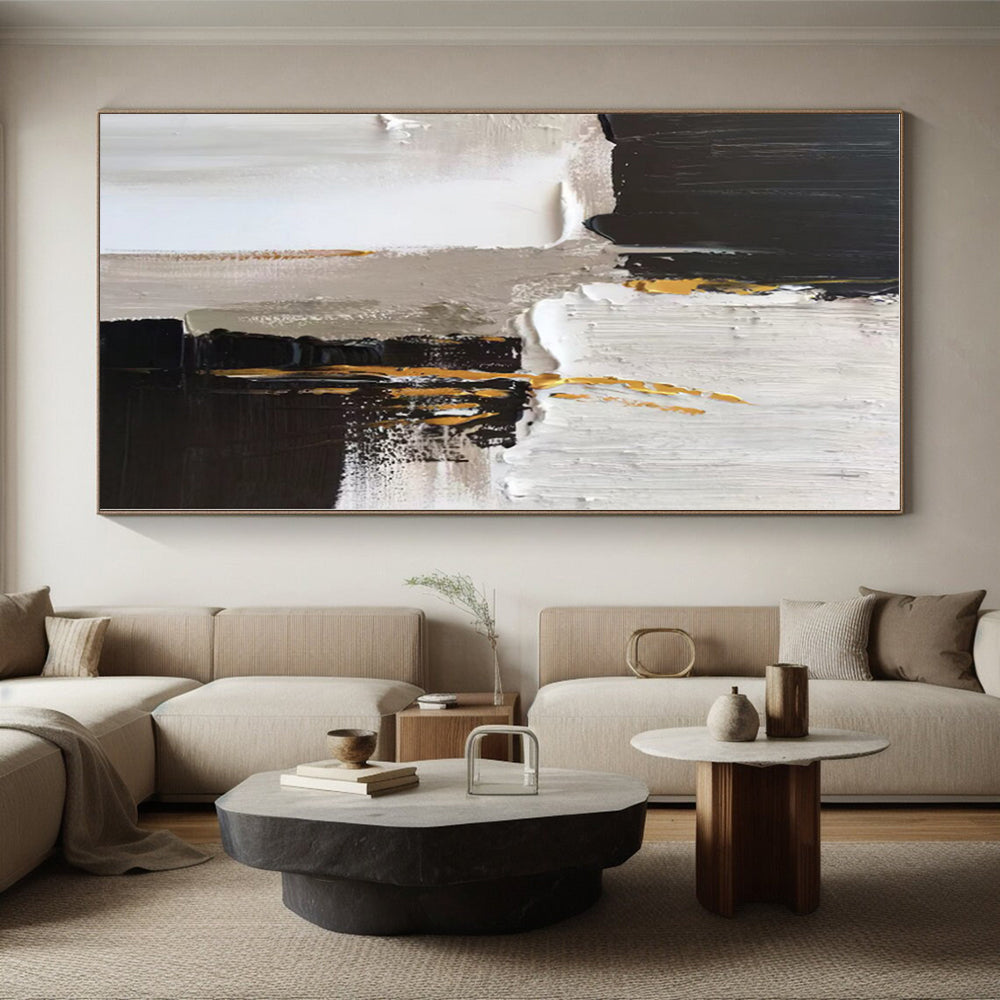 “Black - White - Gold Textured Abstraction” - Abstract Expressionist Art CT0497
