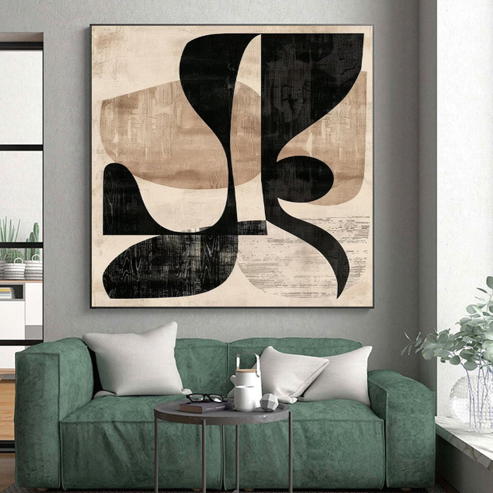 “Black & Beige Abstract Shapes: Retro Geometry” - Abstract Geometric Painting CT0385
