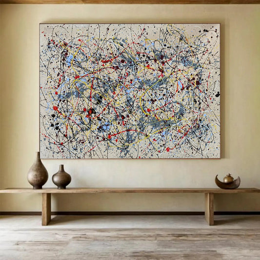 “Colorful Dripping Cacophony” - Black, white, yellow, red, blue; vibrant chaotic drips CT1589