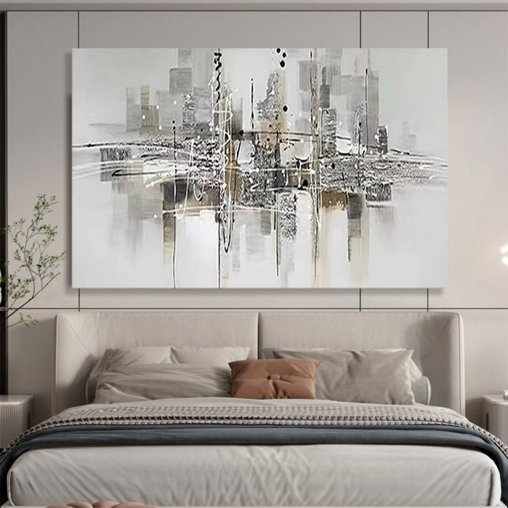 “Abstract Cityscape” - Monochromatic tones with black, white, gray; a dynamic, abstract city skyline with reflections CT1551