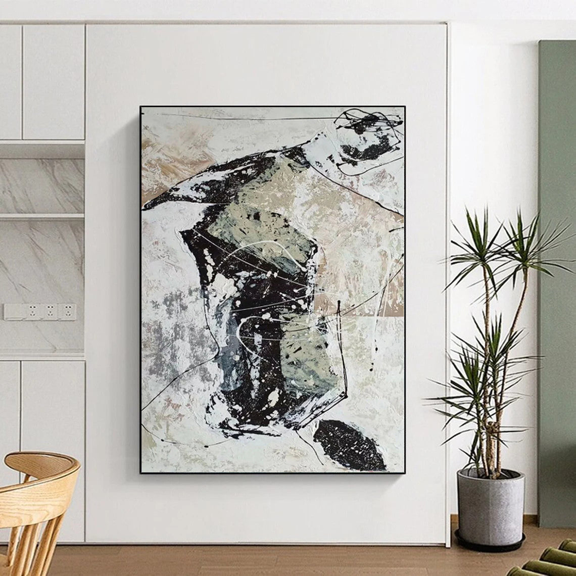 “Black, White, and Beige Abstract Web”,Line - Driven Abstract Painting CT0369