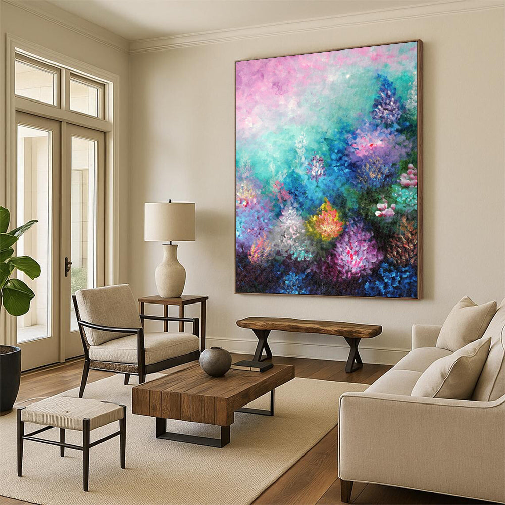 “Dreamy Flower Garden” - Abstract Art with Pink, Blue, Purple, Yellow, Green CT0065