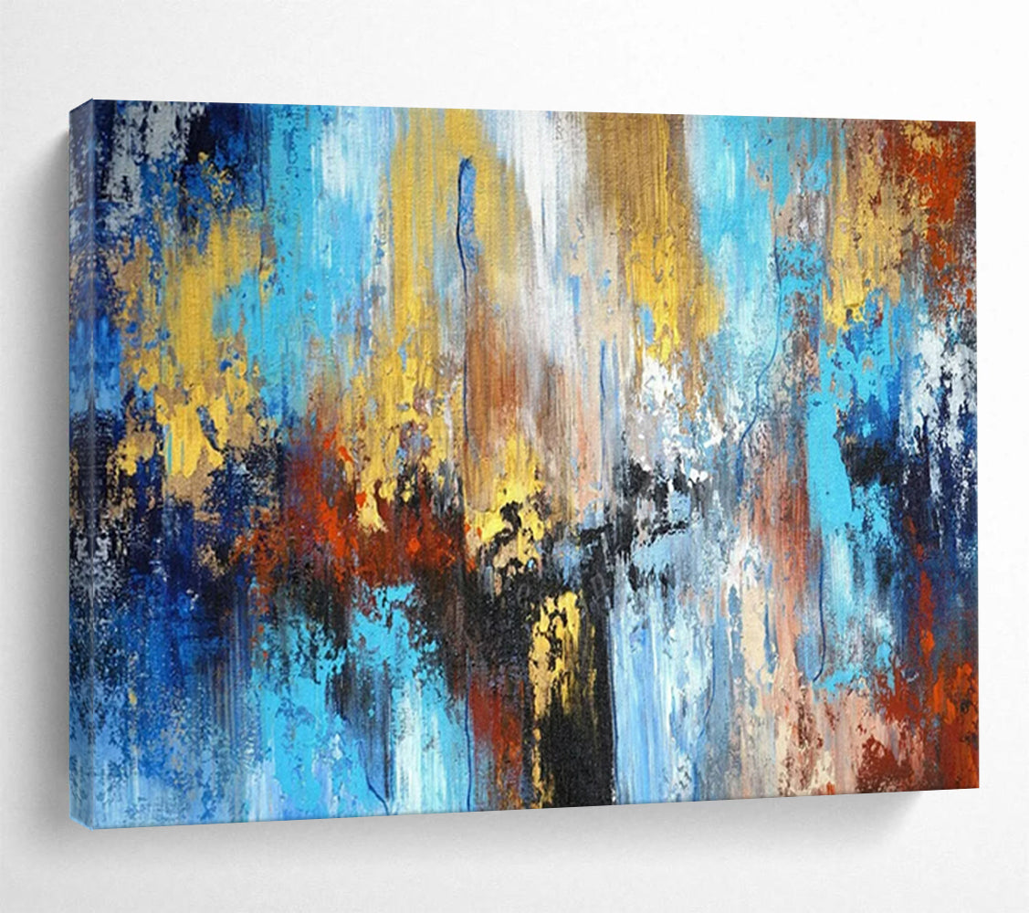 “Blue - Gold Urban Impasto” - Blues, golds, reds; vibrant, textured cityscape abstraction CT1606