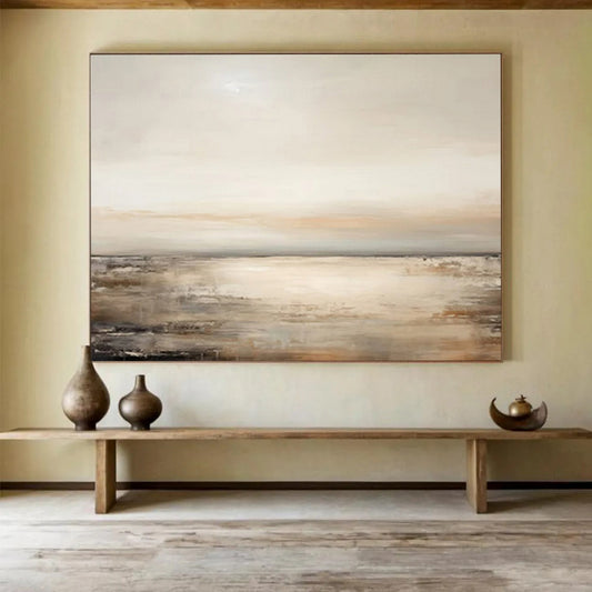 “Beige Sea Horizon” - Beige, gray, white; soft, muted seascape with gentle waves CT1572
