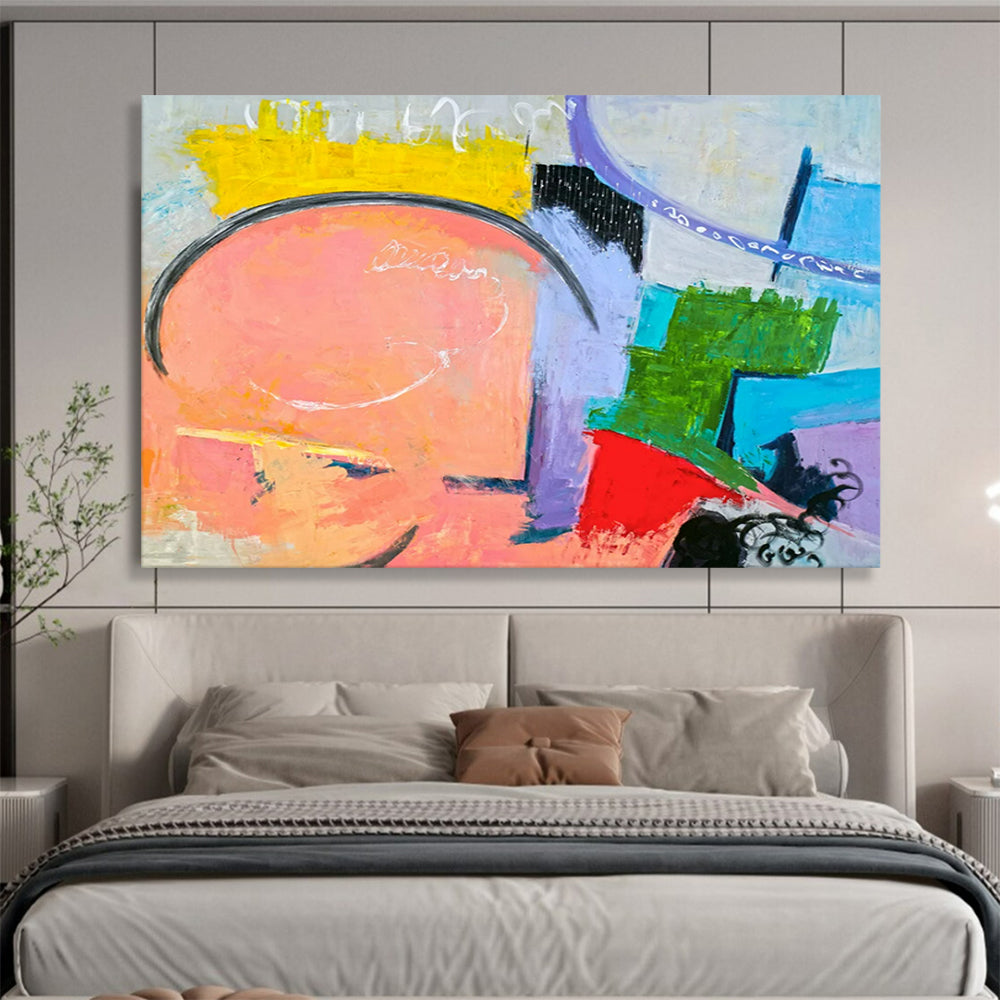 “Pink, Purple, and Colorful Shapes Collage” - Playful Abstract Oil Painting CT1810