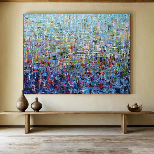 Blue - Toned Abstract Mosaic of Colors - Pointillist - Style Acrylic Art CT1796