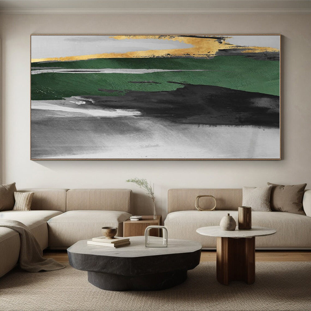“Green - Black - Gold Dynamic Strokes”,Abstract Expressionist Art CT0637