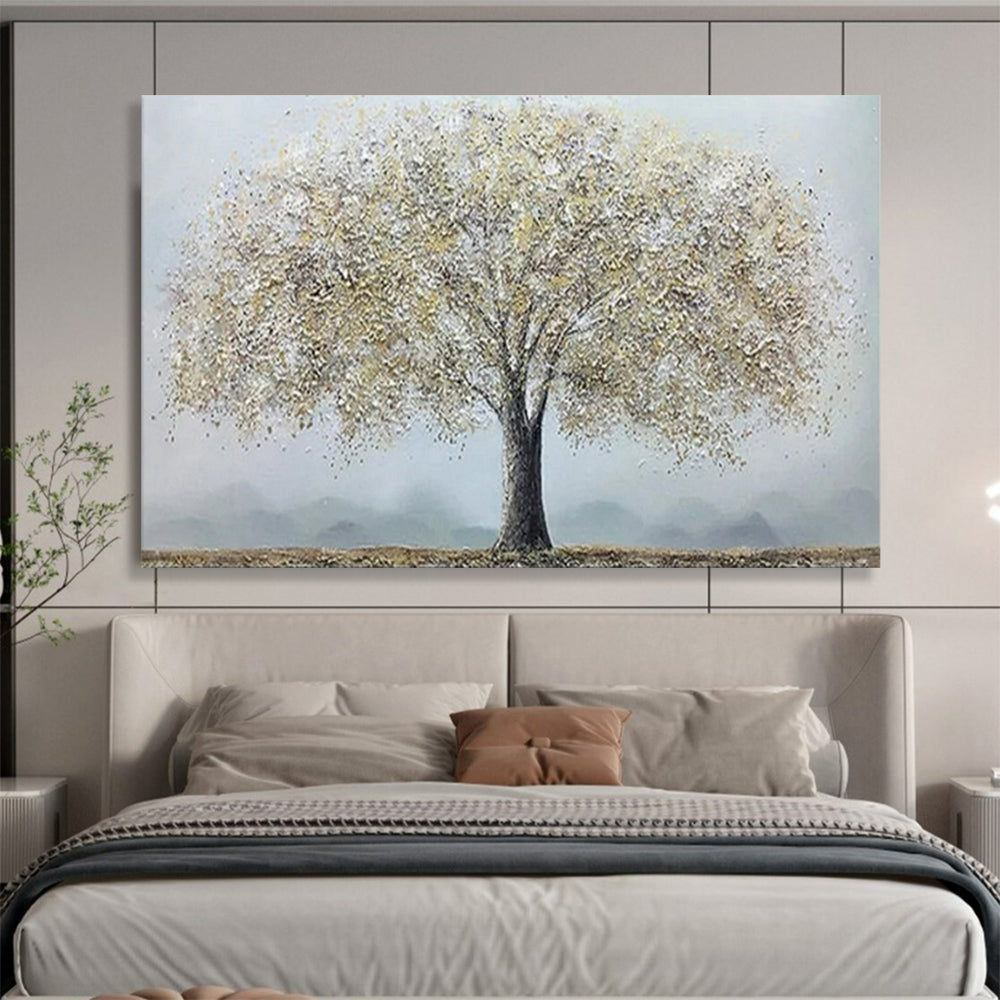 “Silver Tree” - Tones of silver - white, light gray, and brown; a fluffy crown like silver blossoms, a single tree against a hazy background CT1526
