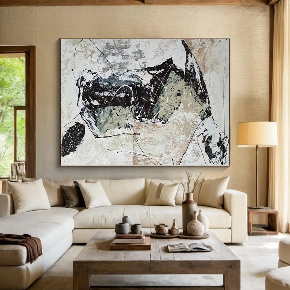 “Black, White, and Beige Abstract Web”,Line - Driven Abstract Painting CT0369