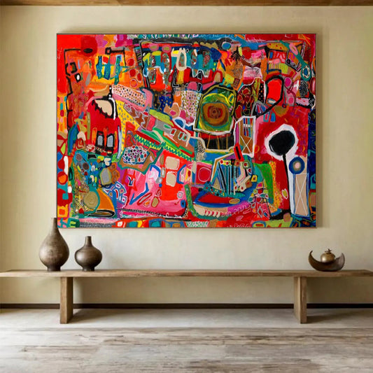 Vibrant, chaotic abstract scene in reds and blues CT1680