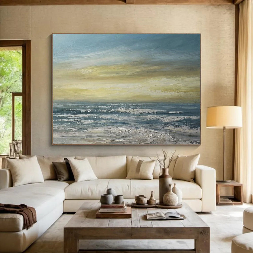 “Blue, Yellow, Sunset Ocean ‘Golden Hour at Sea’” - Impressionist Seascape Painting On Canvas DLZ033