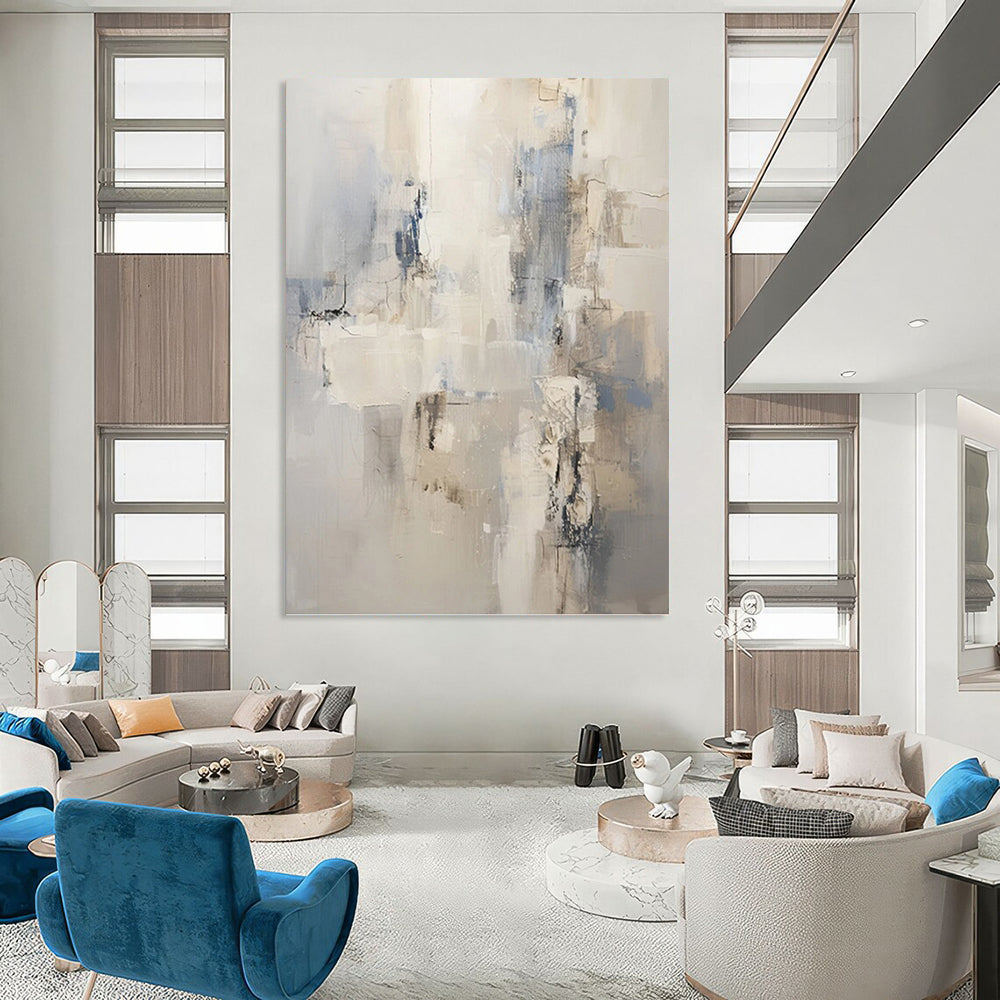 Neutral & Blue Abstract Forms - Abstract Composition Painting On Canvas DKH1249