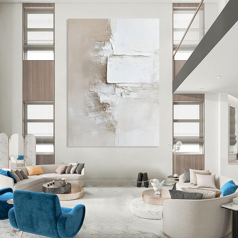 “White & Beige Layered Plaster Abstract” Painting On Canvas DKH0978