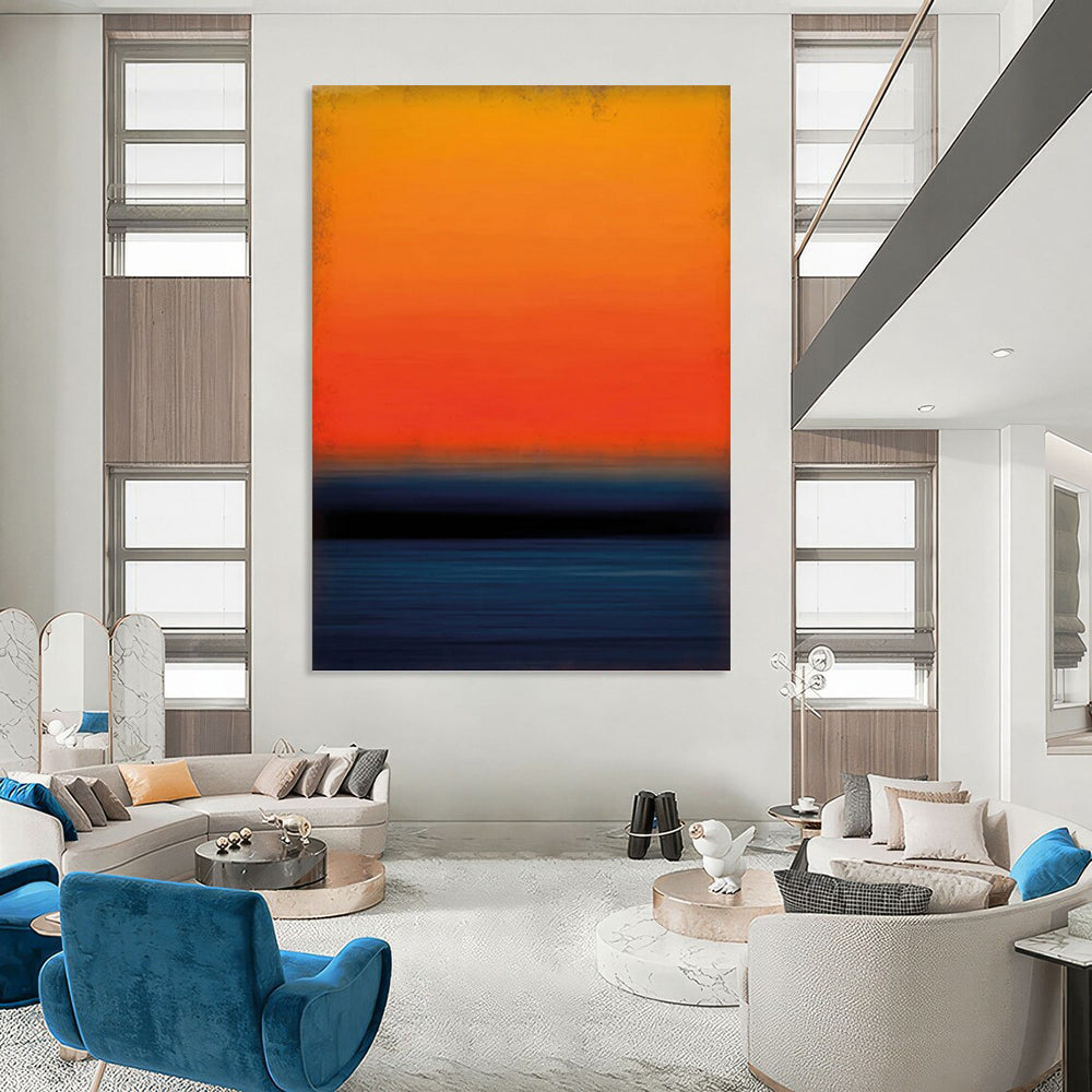 “Vibrant Sunset Stripes with Deep Blue” - Bold Color Field Sunset Painting On Canvas DKH1603