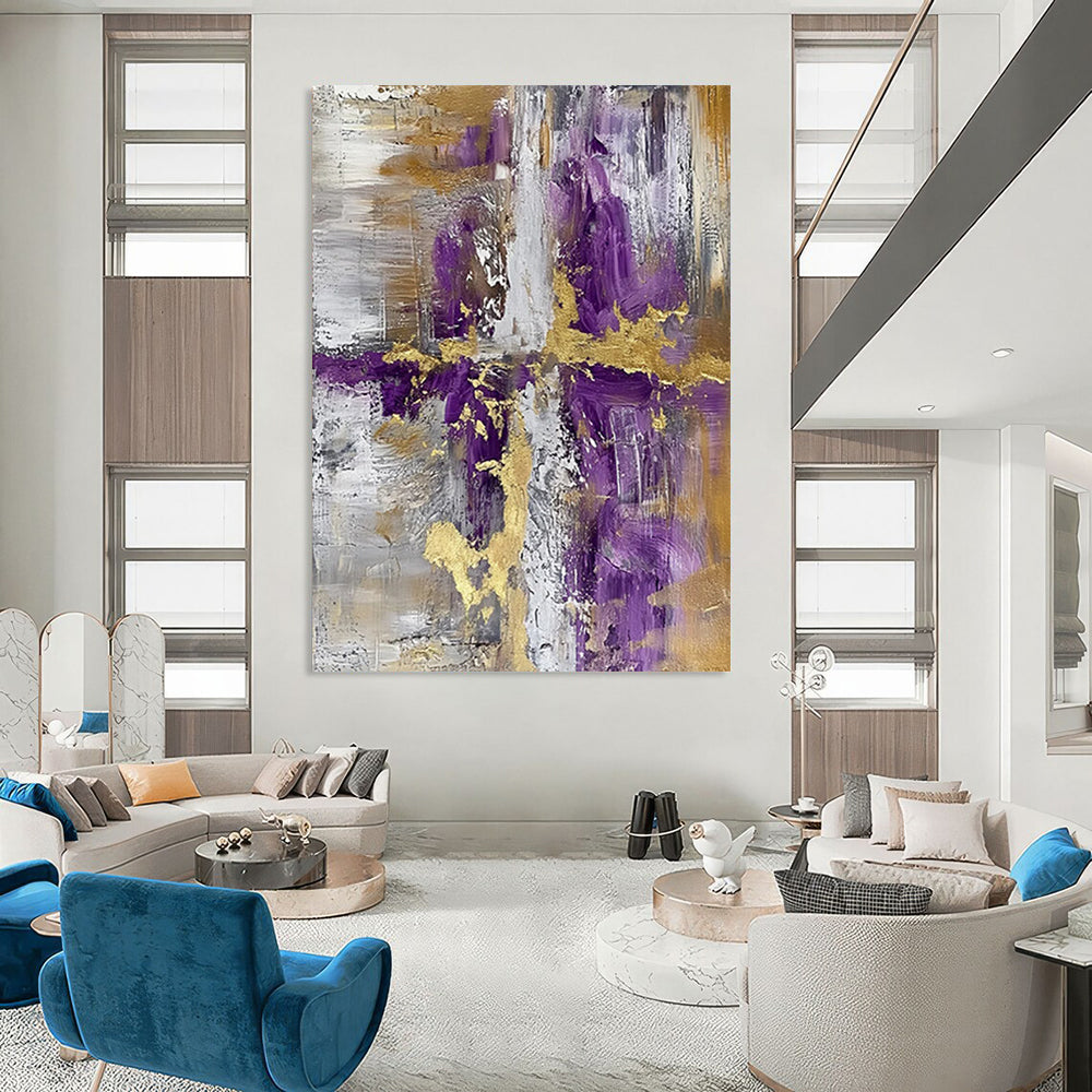 “Purple - Gold Geometric Abstraction” - Modernist Abstract Painting On Canvas DTP135