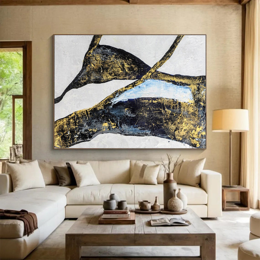 “Gilded Organic Shapes - Black, Gold, and Blue” Painting On Canvas DKH011