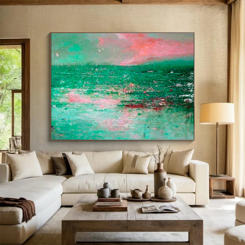 “Pink & Green Abstract Seascape” Abstract Expressionist Painting On Canvas DKH398