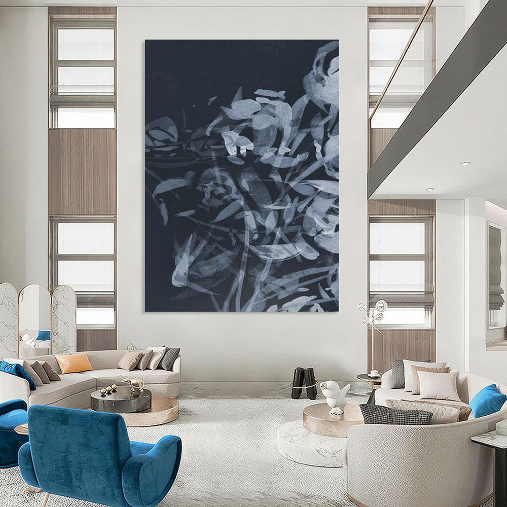 “Indigo Floral Abstraction” - Dark Blue, Light Blue Floral Painting On Canvas DTP240