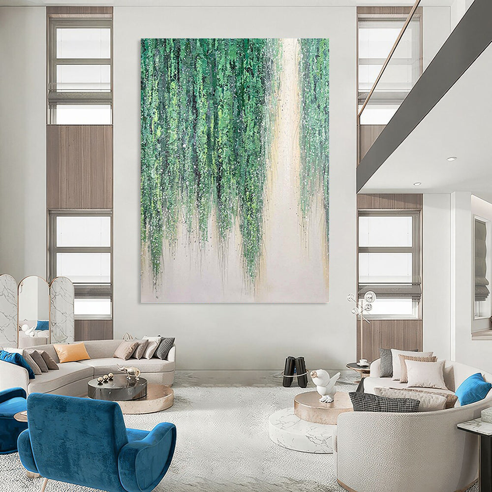 “Willow Whispers” - Green & White Hanging Foliage Painting On Canvas DKH1506