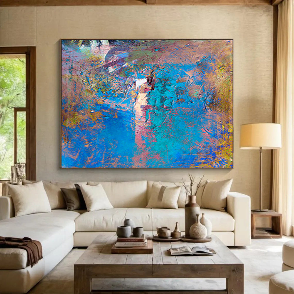 “Blue & Colorful Textured Abstraction” Impasto Abstract Painting On Canvas DKH366